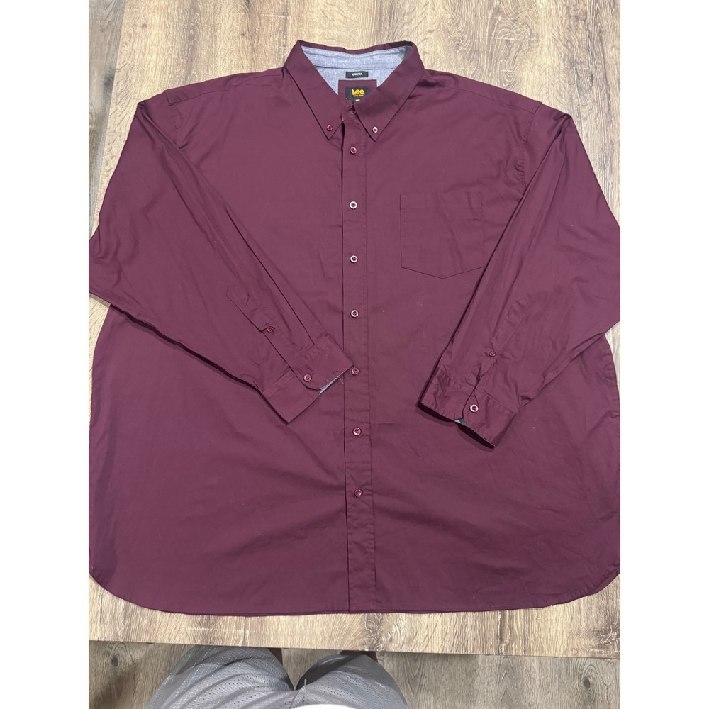 Lee Mens 4XL Burgundy Stretch Long Sleeve Button Down Shirt Cotton Blend Pocket